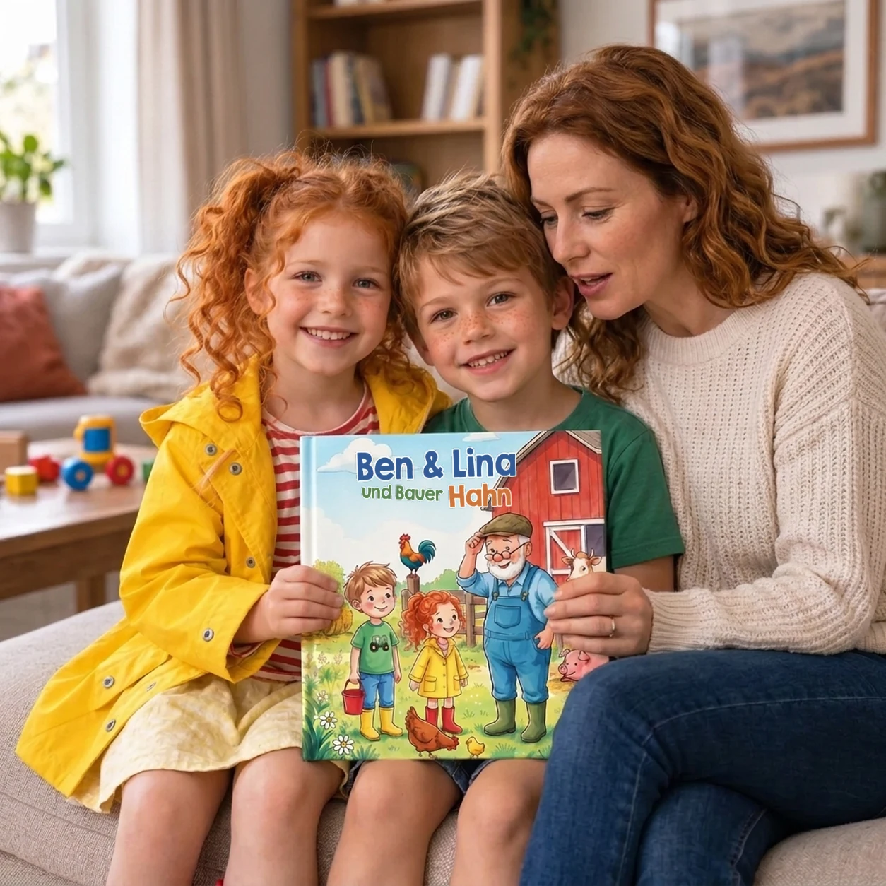 Zwei Kinder lesen zusammen mit einem Elternteil das Buch Bauer Hahn