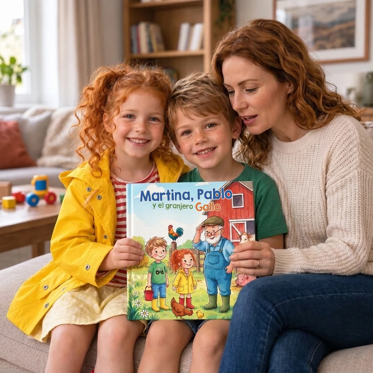 Dos niños leen el libro El granjero Gallo con su padre o su madre