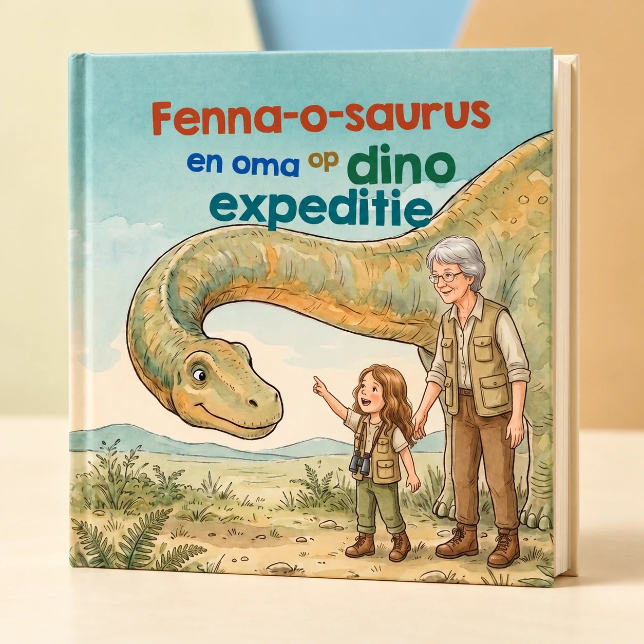Boekomslag van Naam-o-saurus en [naam] op dino-expeditie - gepersonaliseerd kinderboek 3