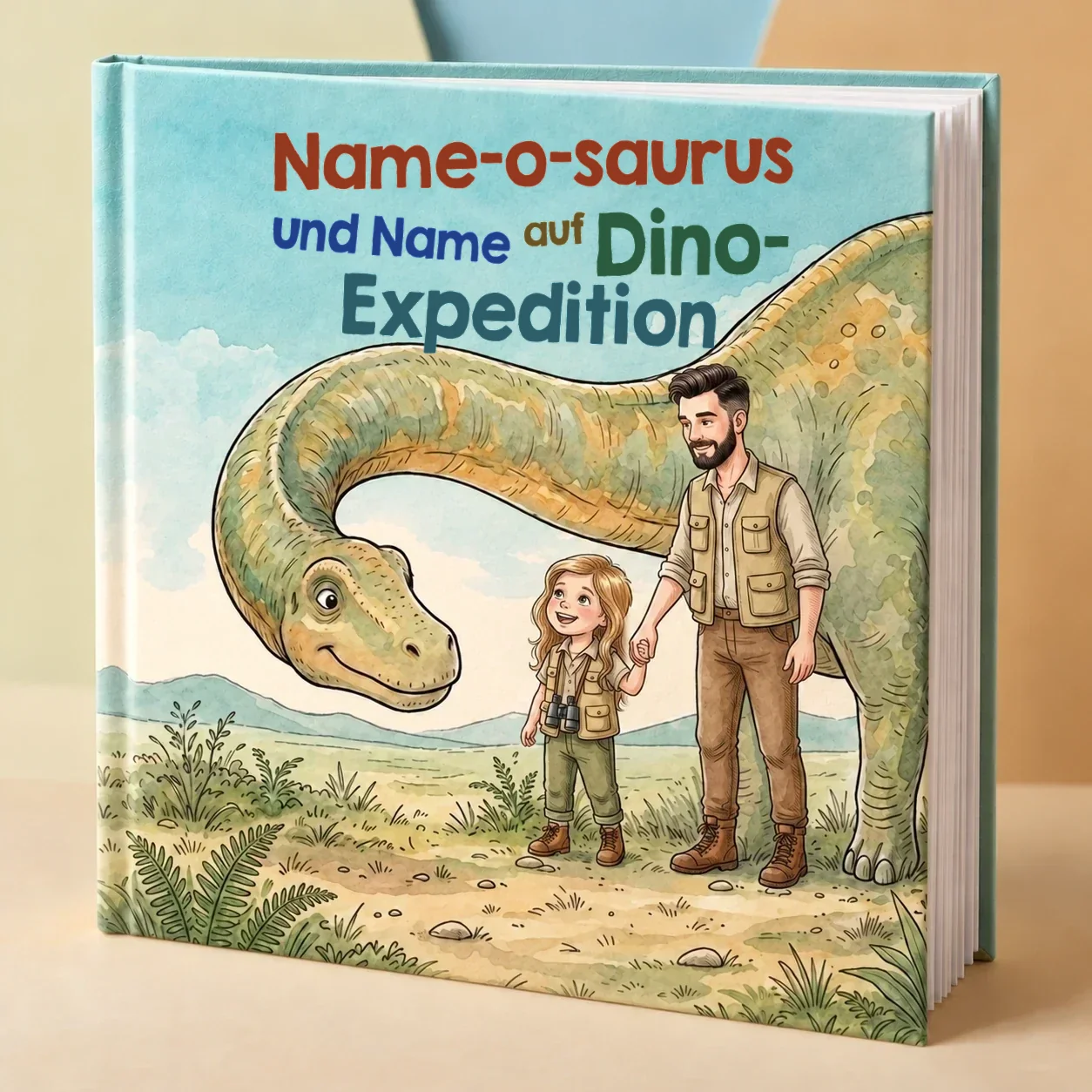Buchcover von Name-o-saurus und [Name] auf Dino-Expedition, personalisiertes Kinderbuch 2