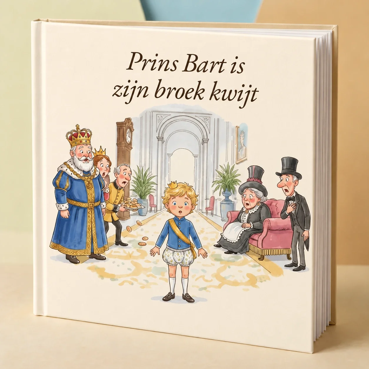 Boekomslag van Prins(es) Naam is zijn broek kwijt - gepersonaliseerd kinderboek 2