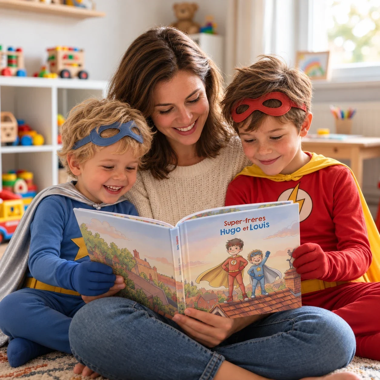 Deux enfants lisent le livre Super-frères avec un parent