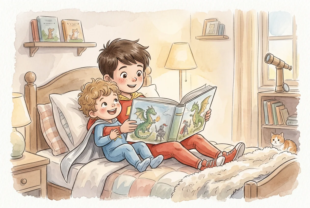 Aquarell von zwei Kindern in Superheldenumhängen auf dem Bett: Ein älterer Junge liest einem lachenden jüngeren Kind aus einem großen Bilderbuch vor.