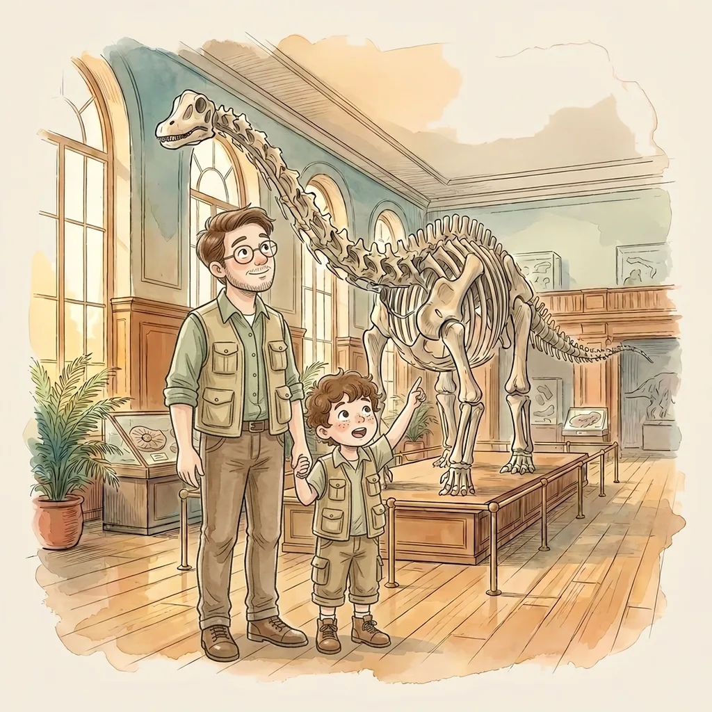Illustratie uit het dinoboek: een kind en een volwassene bekijken een dinosaurusskelet in het museum