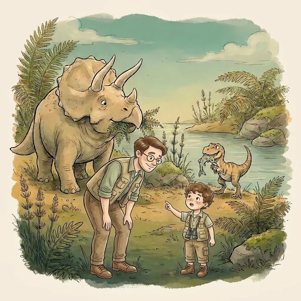 Illustratie uit het dinoboek: een kind en een volwassene bekijken een triceratops in de dinotuin