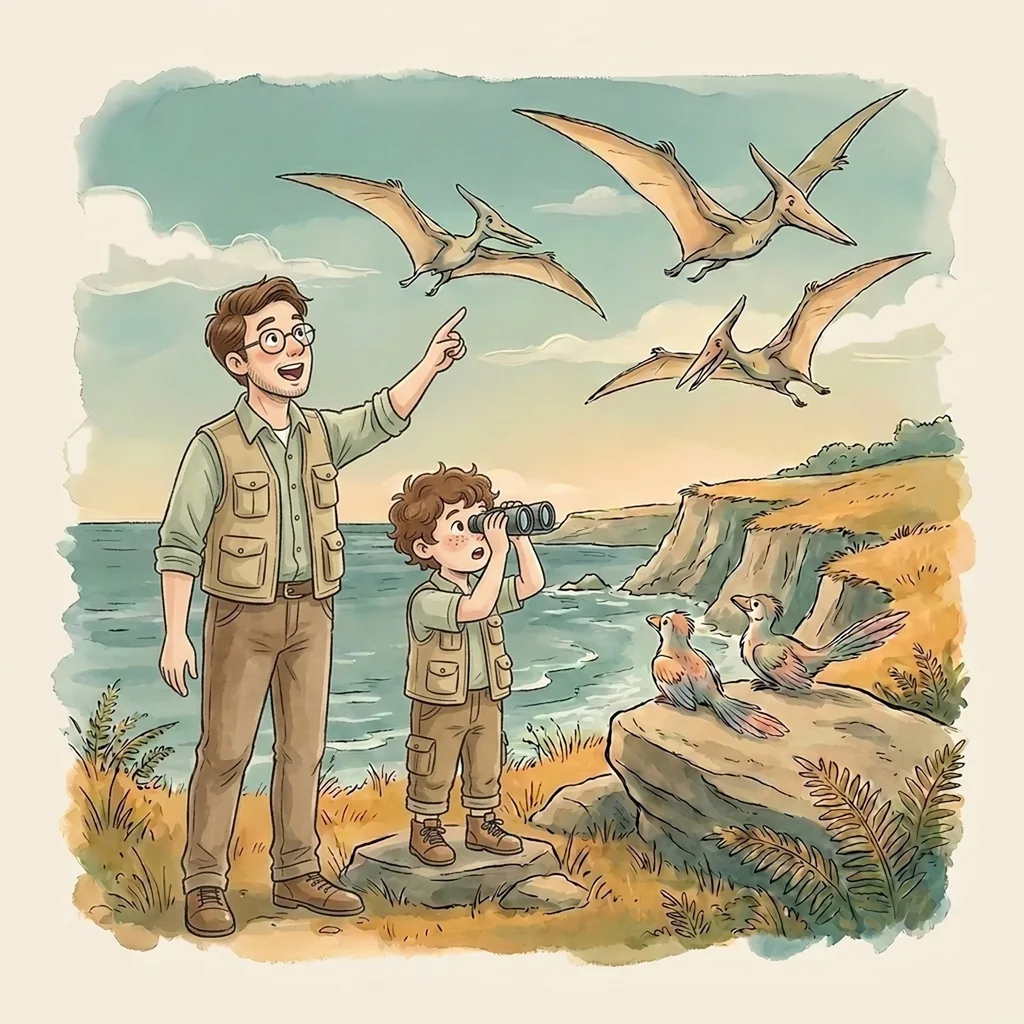 Illustratie uit het dinoboek: een kind en een volwassene wijzen naar vliegende pterosauriërs bij de kust