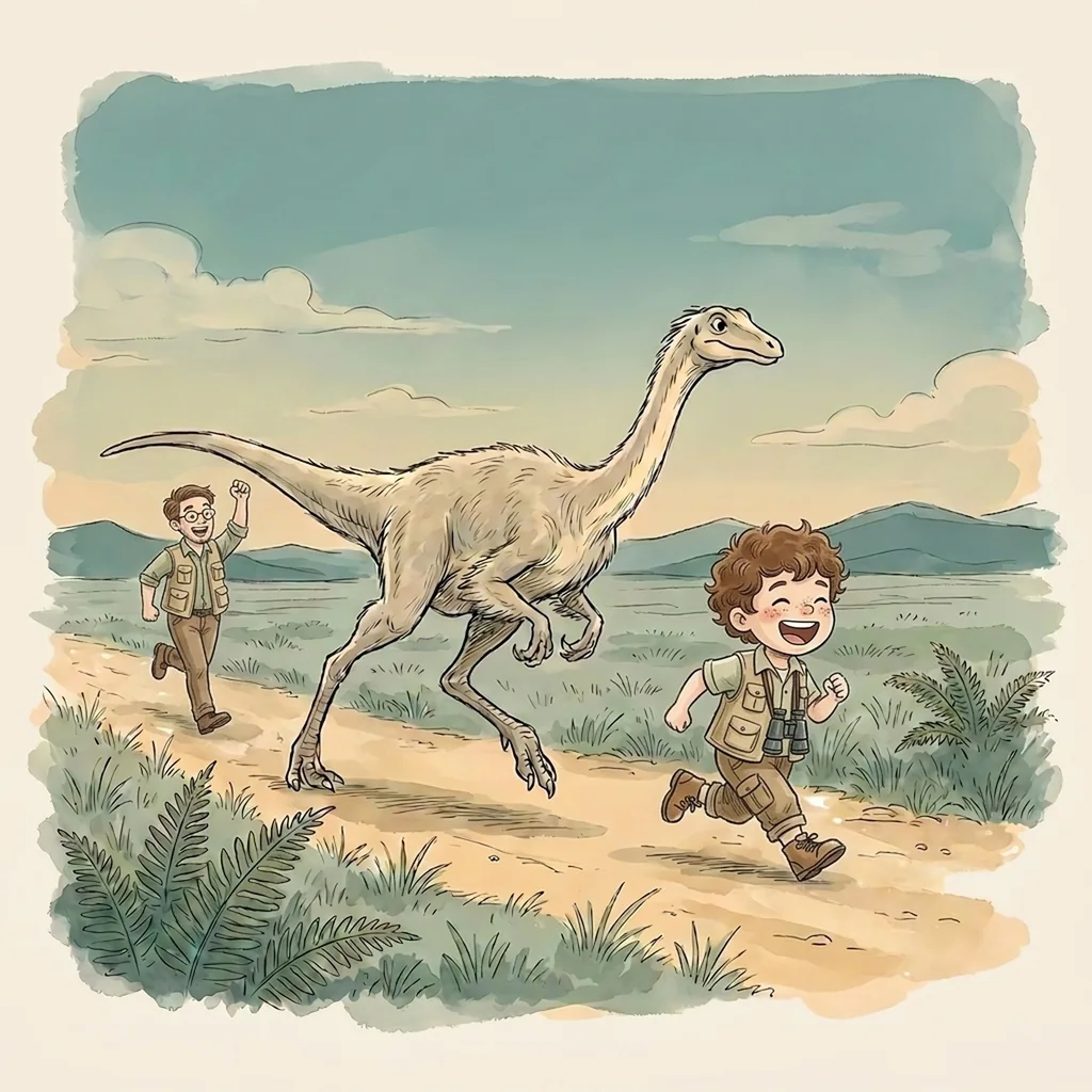 Illustratie uit het dinoboek: een kind rent voor een dinosaurus uit, met een volwassene op de achtergrond