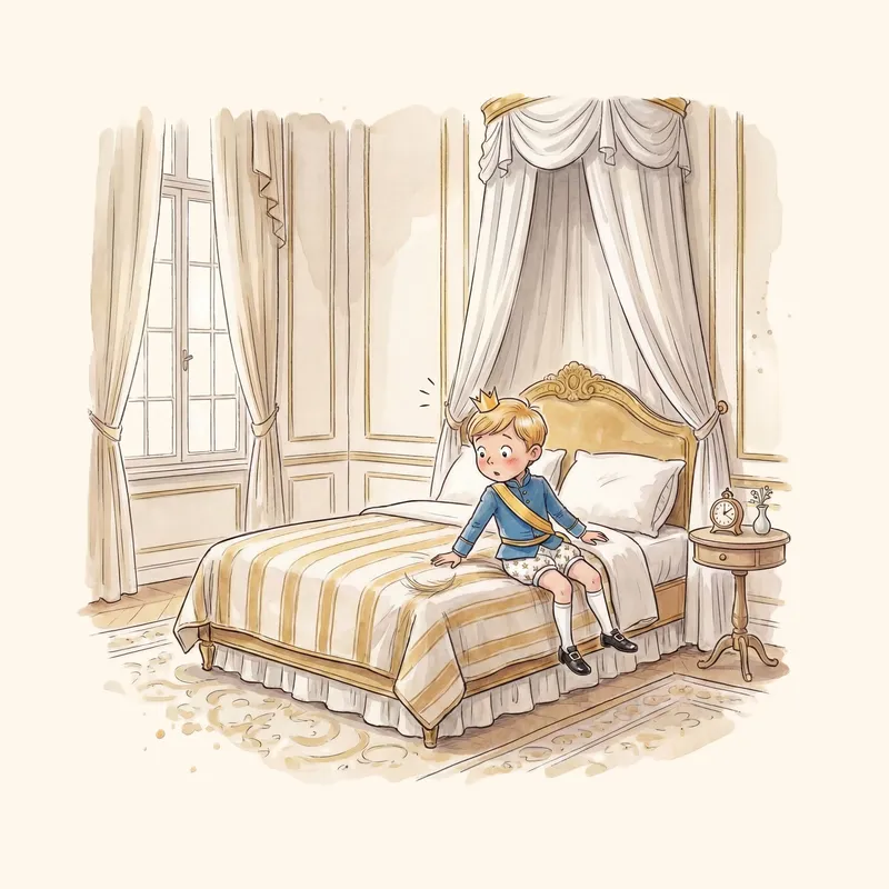 Een jonge prins met een kroontje zit verbaasd op de rand van een groot hemelbed en ontdekt dat zijn broek weg is