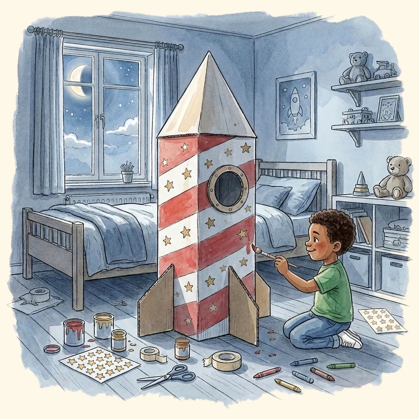 A boy kneels in his bedroom painting stars on a cardboard rocket while a half moon shines through the window