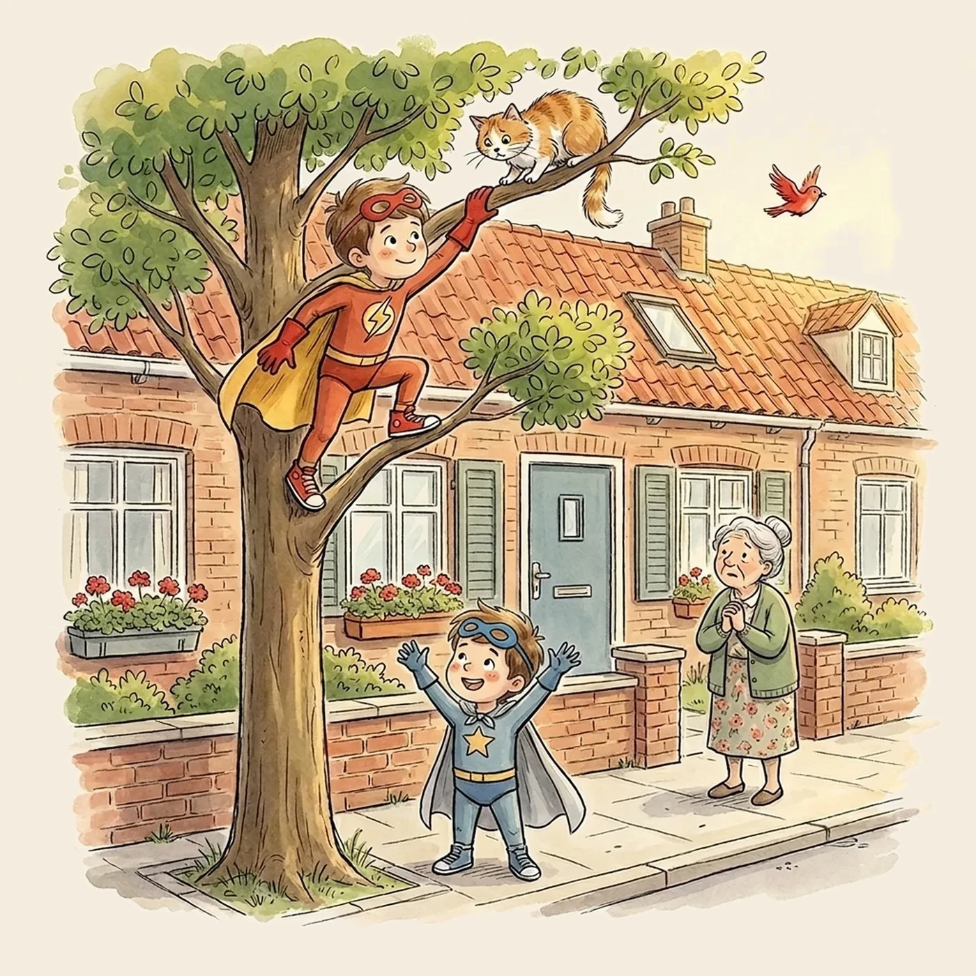 Twee kinderen met een cape op straat: een klimt in een boom om een kat te redden, de ander staat juichend beneden terwijl een oudere buurvrouw toekijkt