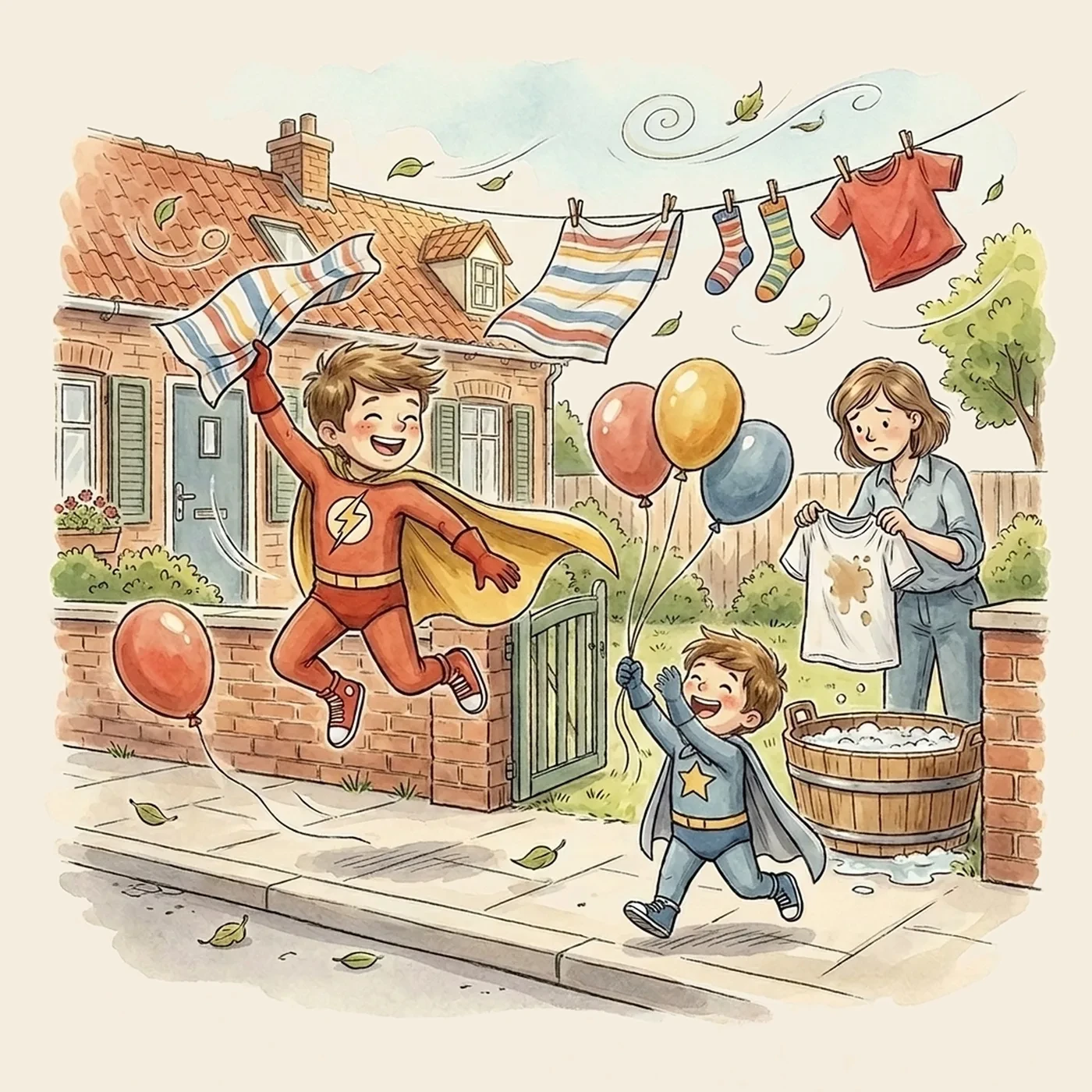 Twee kinderen met een cape rennen over de stoep: de een springt omhoog en vangt een wapperend handdoek uit de lucht, de ander houdt drie ballonnen vast terwijl een buurvrouw de was ophangt
