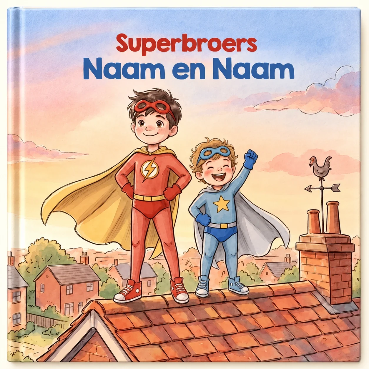 Cover van het kinderboek Superbroers, met twee kinderen met een cape op een dak